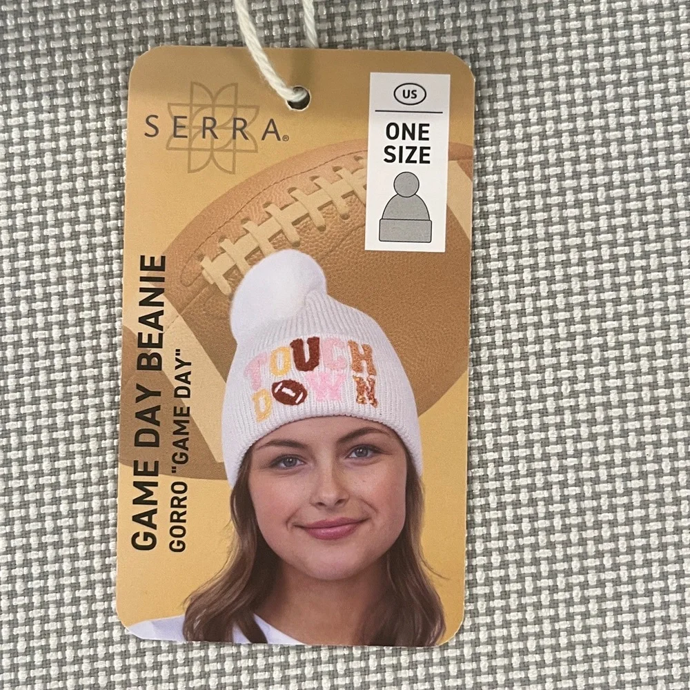 Game Day knit hat/ beanie for football fans. Faux fur pompon, embroidery. White.